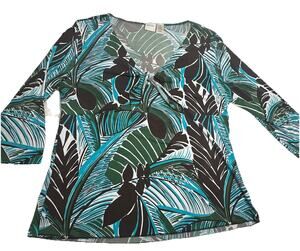 Merona Women’s Brown Green Floral 3/4 Sleeve Top Stretch Business Casual Large
